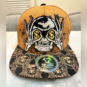 Men’s Brown and Black Skull Top Level Embroidered SnapBack Hat - NWT